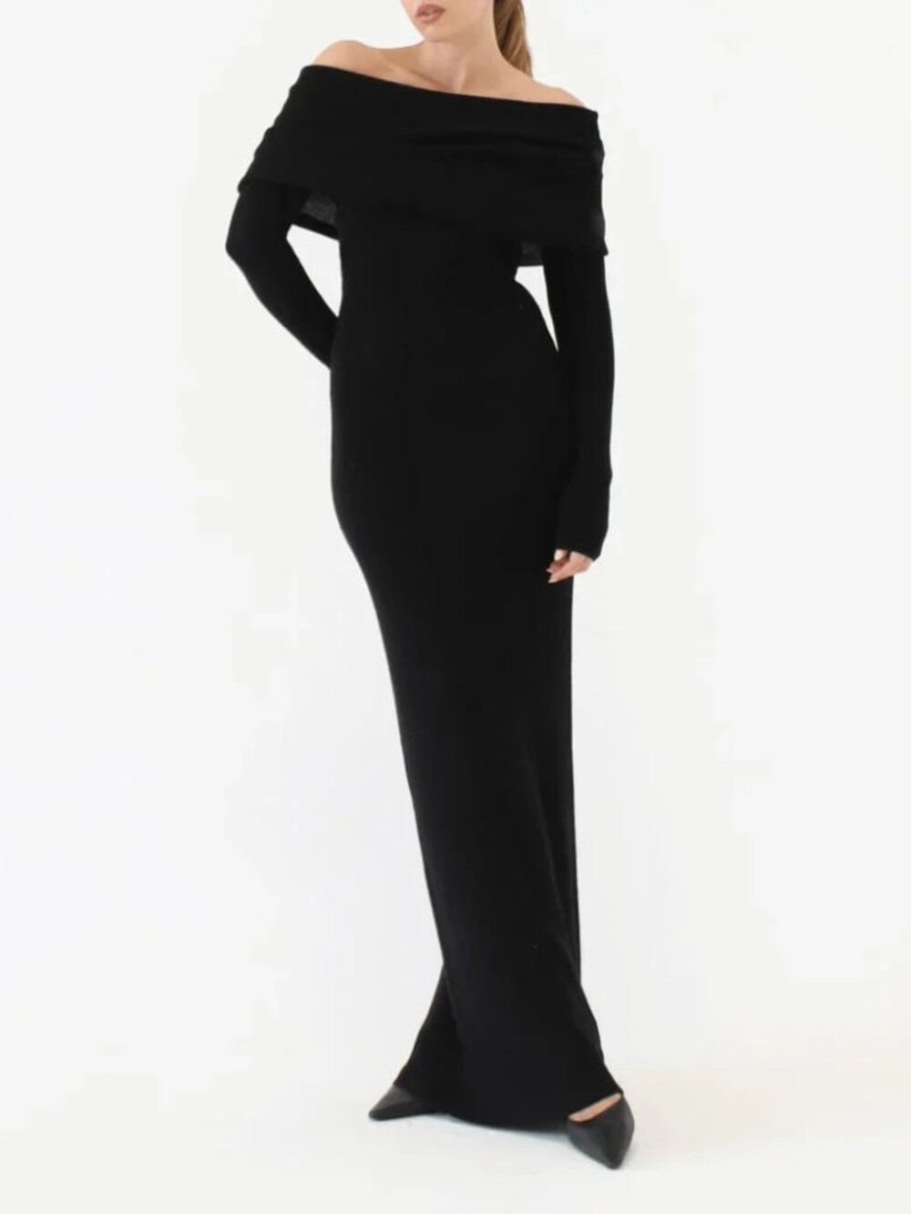Rumored Winona Maxi Dress XS Black Off Shoulder Knit NWT